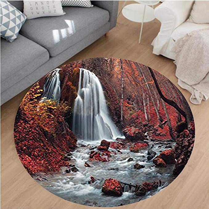 Nalahome Modern Flannel Microfiber Non-Slip Machine Washable Round Area Rug-Fall in Autumn and Forest Silver Stream Fall Nature in Crimea Picture Accessories Paprika Area Rugs Home Decor-Round 59