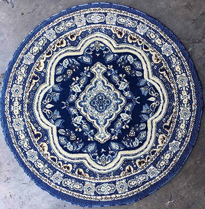 emirates Traditional Round Persian Rug Dark Blue Design #520 (5 Feet 3 Inch X 5 Feet 3 Inch Round)