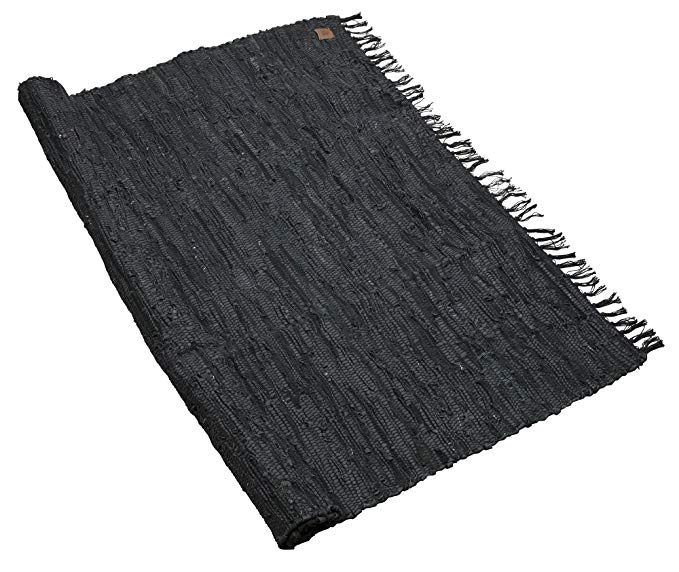 Eightmood, Malene Leather Woven Throw Rug, Fringe Trim (Large - 75.5 x 56, Grey)