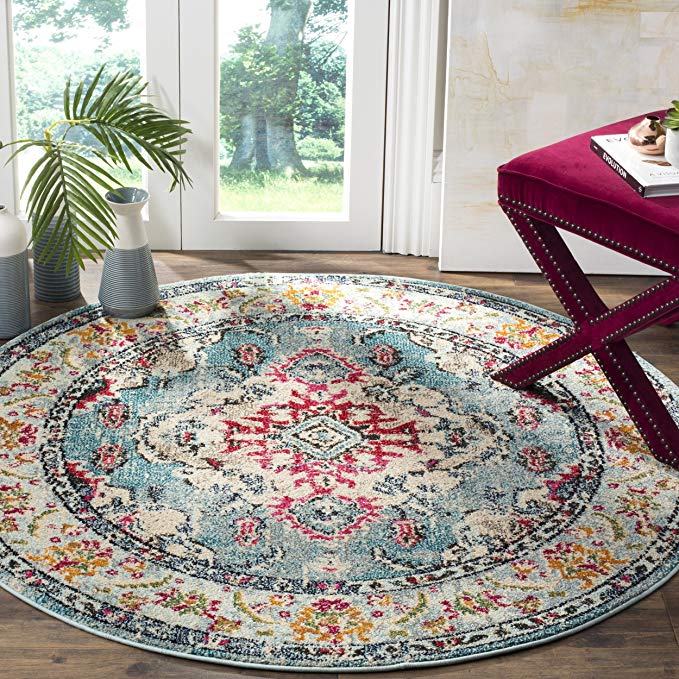 Safavieh Monaco Collection MNC243J Vintage Bohemian Light Blue and Fuchsia Distressed Round Area Rug (5' in Diameter)