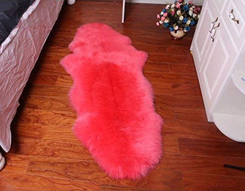 Longfeng Genuine Sheepskin Rug Pink One and The Half Pelt Natural Fur - Sheepskin Rug Pad for Bedroom Living Room (One and The Half/2ft x 4.5ft -Two Round Ends, Pink)