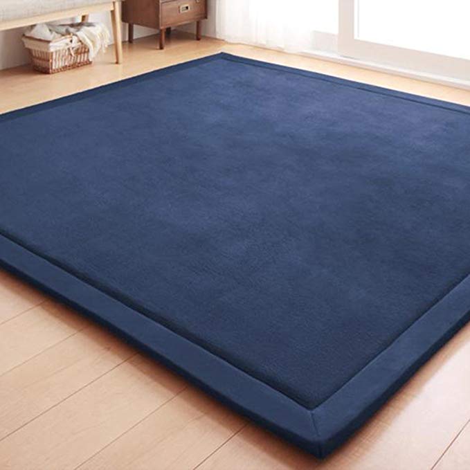 MisDress Thick Plush Baby Play Mat Handmade Coral Velvet Yoga Mat, Exercise Mat Anti-Skid Indoor Area Rugs Floor Mat Carpet Living Room Bedroom Navy 4'11