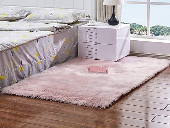 Meng Ge Soft Faux Sheepskin Chair Cover Seat Shaggy Area Rugs Fluffy Fuax Fur Shag Rug Carpet Light Pink