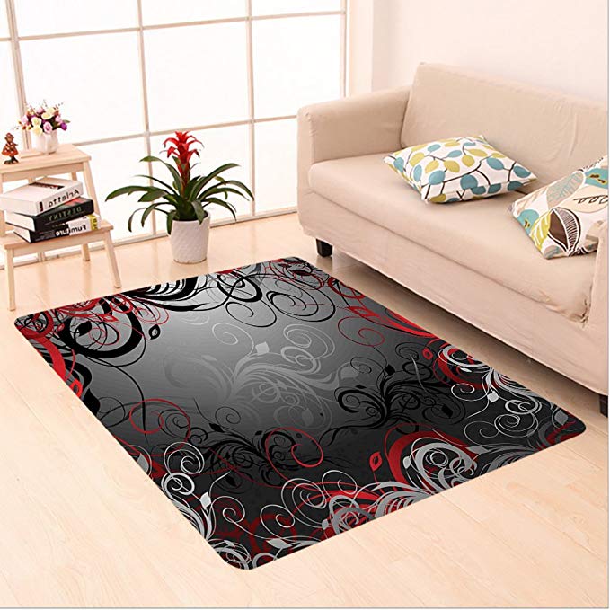 Nalahome Custom carpet d Black Mystic Magical Forest Inspired Floral Swirls Leaves Charcoal Grey Light Grey and Scarlet area rugs for Living Dining Room Bedroom Hallway Office Carpet (32.4