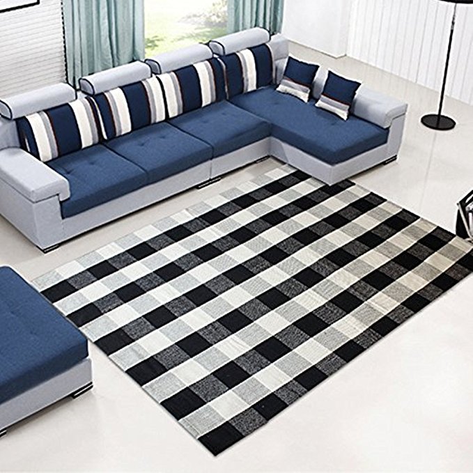 Ukeler 100% Cotton Washable Rugs Black and White Plaid Rug for Living Room/Kitchen/Bathroom/Entry Way/Laundry Room, 59''x78.8''