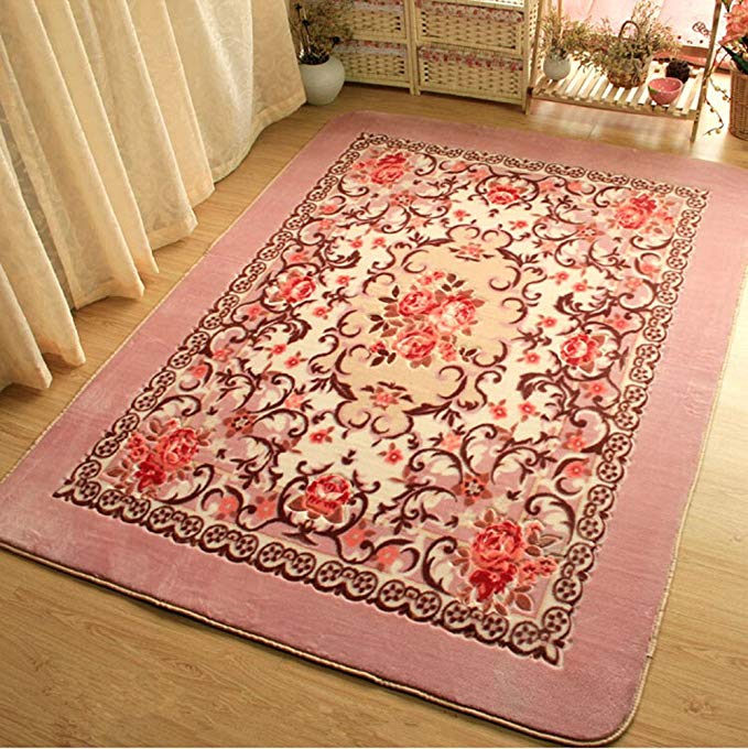 Luk Oil European Pink Flowers Carpet Large Living Room Carpet Garden Roses Bedroom Rugs Baby Crawling Mat (200cmX150cm)