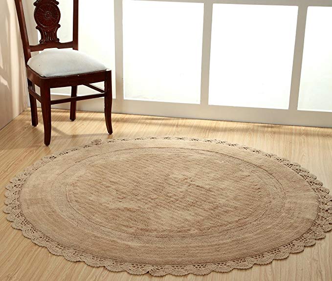 WARISI - Crochet Collection - Designer Handknit Round Cotton Area Rug (5-feet, Beige)