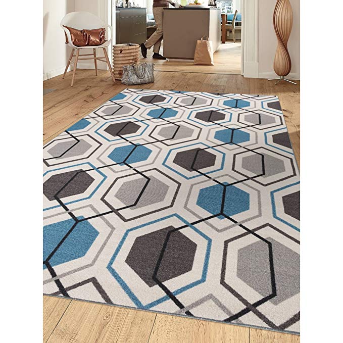 Coastal Geometric Hexagon Patterned Area Rug, Bright Abstract Emblems Themed, Rectangle Indoor Hallway Doorway Living Area Bedroom Cabin Carpet, Bold Modern Artwork Design, Blue, Grey, Size 5'3 x 7'3