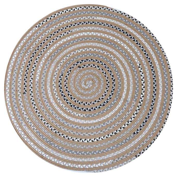 LOCHAS Natural Fiber Braided Area Rug Hand Woven Reversible Round Solid Jute&T/C Carpet for Living Room Bedroom Rugs(4.9' x 4.9'),Grey-Yellow