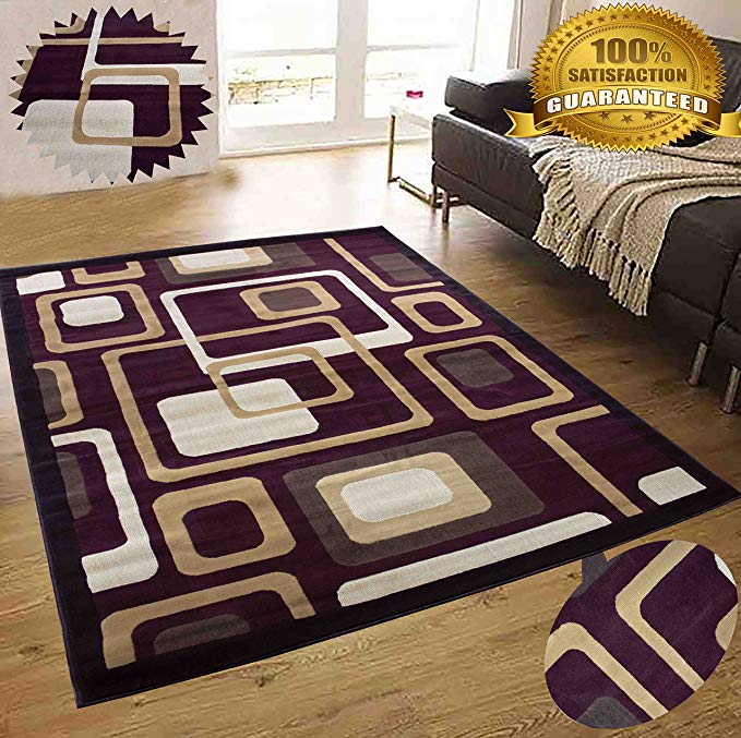 Colorful Chocolate Burgundy Modern Contemporary Abstract Designer Hand Tufted 5x7 Bedroom Living Room Indoor Outdoor Rug Throw .5 Inch Thin Pile Height (Royal 124 Chocolate Burgundy)