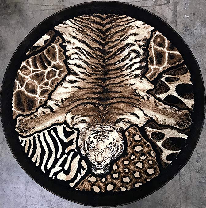 Animal Skin Round Leopard Tiger Zebra Print Rug Black Skinz Design 72 (5 Feet X 5 Feet )