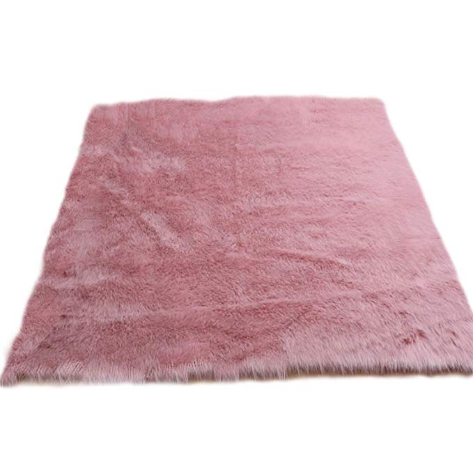 Elhouse Home Decor Square Rugs Faux Fur Sheepskin Area Rug Shaggy Carpet Fluffy Rug for Baby Bedroom, 5ft x 5ft, Pink