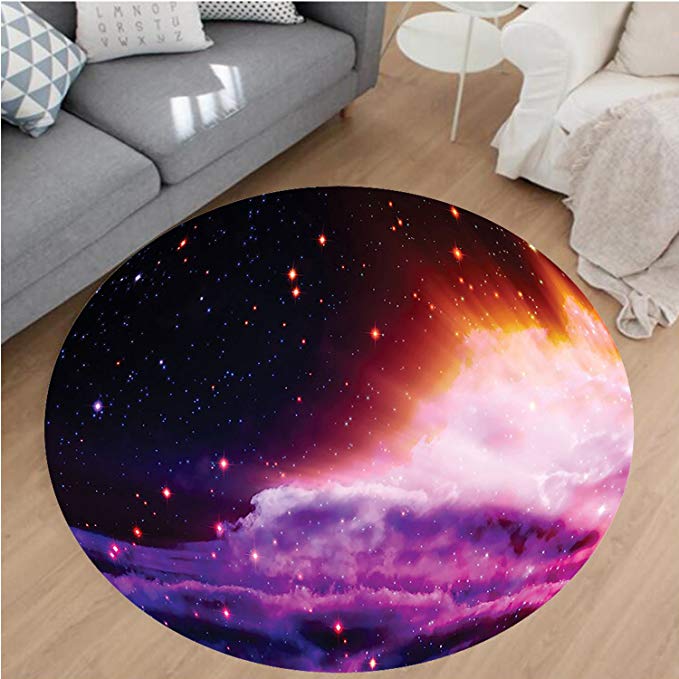 Nalahome Modern Flannel Microfiber Non-Slip Machine Washable Round Area Rug-lar Northern Lights and The Stars Like Nebula Astro Movements Artprint Navy Purple Orange Area Rugs Home Decor-Round 63