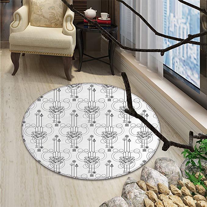 Hamsa Round Area Rug Geometric Elements Circles Lines and Dots Spiritual Esoteric Monochrome PersianOriental Floor and Carpets Black White