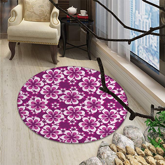 Purple Round Area Rug Carpet Abstract Petals of Blossoming Summer in Floral Bouquet Illustration BotanicOriental Floor and Carpets Fushcia Purple