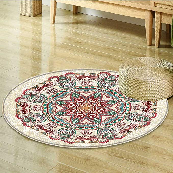 Nalahomeqq Mandala Decor Collection Oriental Mandala Figure Vintage Style Boho Art Geometric Forms Pattern Image Polyester Fabric Room Circle carpet non-slip Red Cream Green-Diameter 160cm(63