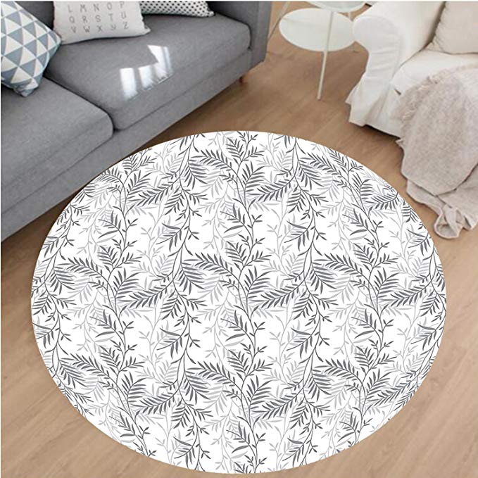 Nalahome Modern Flannel Microfiber Non-Slip Machine Washable Round Area Rug-ng Branch and Leave Patterns Antique Style Modern Decorative Luxury Print Home Gray White Area Rugs Home Decor-Round 59