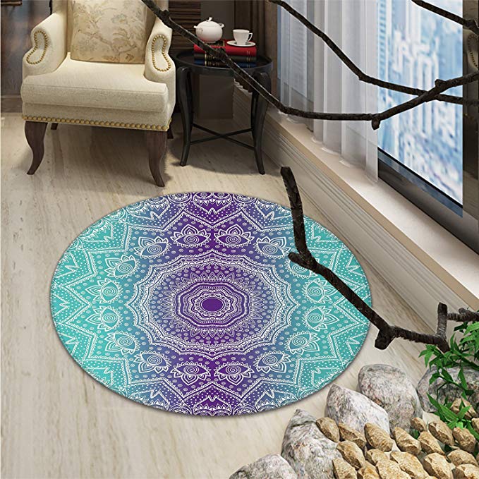 Purple and Turquoise Round Rugs Hippie Ombre Mandala Inner Peace and Meditation with Ornamental ArtOriental Floor and Carpets Purple Aqua