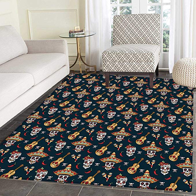 Mexican Anti-Skid Area Rug Detailed Artistic Floral Sugar Skulls with Sombrero Hats Chili Peppers and Guitars Soft Area Rugs 4'x6' Multicolor